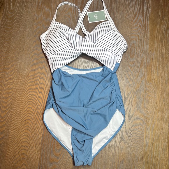 Eomenie Other - Eomenie Womens One Piece Swimsuit Striped Cutout Monokini Blue White Size M NWT